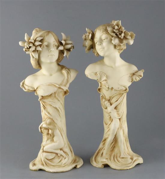 A pair of Ernst Wahliss Art Nouveau busts of ladies, c.1905, H.36.5cm